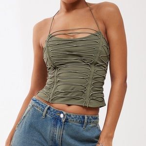 NWT Khaki Woven Lace Up Corset Top